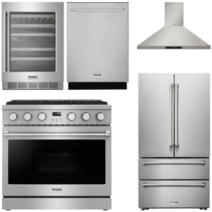 THOR Contemporary Package - 36" Gas Range, Range Hood, Refrigerator, Dishwasher and Wine Cooler, AP-ARG36-A100