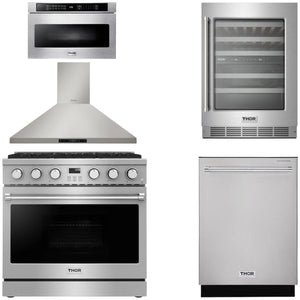 THOR Contemporary Package - 36" Gas Range, Range Hood, Dishwasher, Microwave and Wine Cooler, AP-ARG36-A109