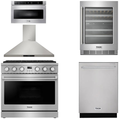 THOR Contemporary Package - 36" Gas Range, Range Hood, Dishwasher, Microwave and Wine Cooler, AP-ARG36-A109