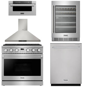 THOR Contemporary Package - 36" Gas Range, Range Hood, Dishwasher, Microwave and Wine Cooler, AP-ARG36-A110