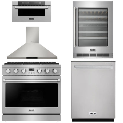THOR Contemporary Package - 36" Gas Range, Range Hood, Dishwasher, Microwave and Wine Cooler, AP-ARG36-A110