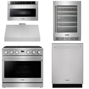 THOR Contemporary Package - 36" Gas Range, Range Hood, Dishwasher, Microwave and Wine Cooler, AP-ARG36-A113