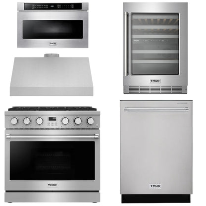 THOR Contemporary Package - 36" Gas Range, Range Hood, Dishwasher, Microwave and Wine Cooler, AP-ARG36-A113
