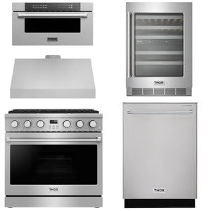 THOR Contemporary Package - 36" Gas Range, Range Hood, Dishwasher, Microwave and Wine Cooler, AP-ARG36-A114
