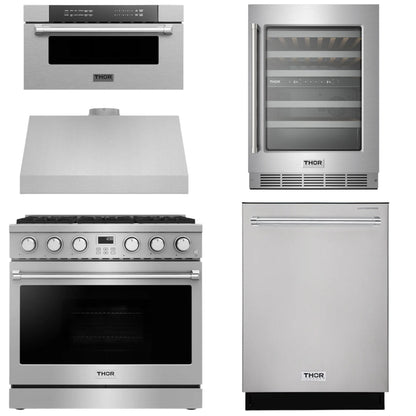 THOR Contemporary Package - 36" Gas Range, Range Hood, Dishwasher, Microwave and Wine Cooler, AP-ARG36-A114