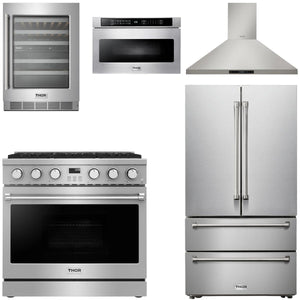THOR Contemporary Package - 36" Gas Range, Range Hood, Refrigerator, Microwave and Wine Cooler, AP-ARG36-A115