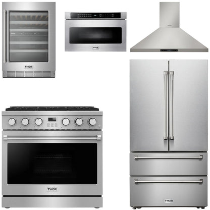 THOR Contemporary Package - 36" Gas Range, Range Hood, Refrigerator, Microwave and Wine Cooler, AP-ARG36-A115