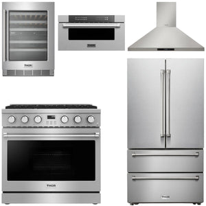 THOR Contemporary Package - 36" Gas Range, Range Hood, Refrigerator, Microwave and Wine Cooler, AP-ARG36-A116