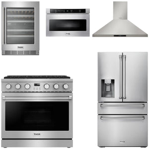 THOR Contemporary Package - 36" Gas Range, Range Hood, Refrigerator, Microwave and Wine Cooler, AP-ARG36-A117