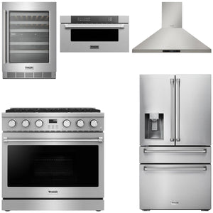 THOR Contemporary Package - 36" Gas Range, Range Hood, Refrigerator, Microwave and Wine Cooler, AP-ARG36-A118