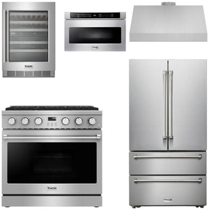 THOR Contemporary Package - 36" Gas Range, Range Hood, Refrigerator, Microwave and Wine Cooler, AP-ARG36-A119