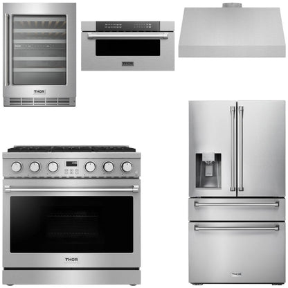 THOR Contemporary Package - 36" Gas Range, Range Hood, Refrigerator, Microwave and Wine Cooler, AP-ARG36-A122
