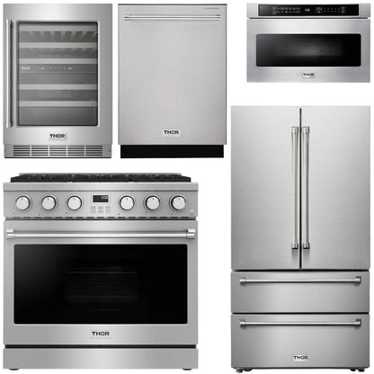 THOR Contemporary Package - 36" Gas Range, Refrigerator, Dishwasher, Microwave and Wine Cooler, AP-ARG36-A125