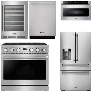 THOR Contemporary Package - 36" Gas Range, Refrigerator, Dishwasher, Microwave and Wine Cooler, AP-ARG36-A129