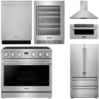 THOR Contemporary Package - 36" Gas Range, Range Hood, Refrigerator, Dishwasher, Microwave and Wine Cooler, AP-ARG36-A134