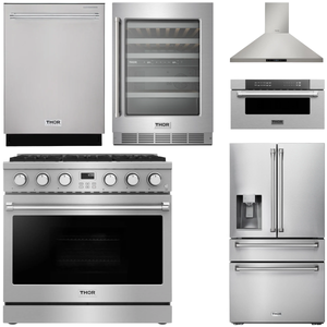 THOR Contemporary Package - 36" Gas Range, Range Hood, Refrigerator, Dishwasher, Microwave and Wine Cooler, AP-ARG36-A138