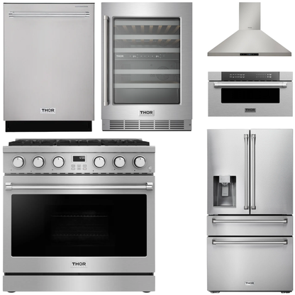THOR Contemporary Package - 36" Gas Range, Range Hood, Refrigerator, Dishwasher, Microwave and Wine Cooler, AP-ARG36-A138