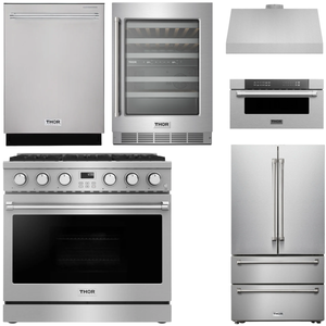 THOR Contemporary Package - 36" Gas Range, Range Hood, Refrigerator, Dishwasher, Microwave and Wine Cooler, AP-ARG36-A142