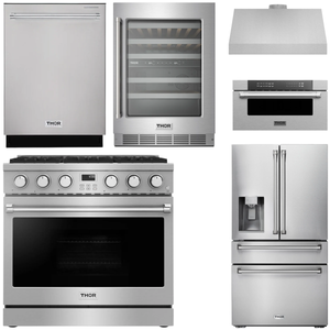 THOR Contemporary Package - 36" Gas Range, Range Hood, Refrigerator, Dishwasher, Microwave and Wine Cooler, AP-ARG36-A146