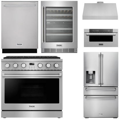 THOR Contemporary Package - 36" Gas Range, Range Hood, Refrigerator, Dishwasher, Microwave and Wine Cooler, AP-ARG36-A146