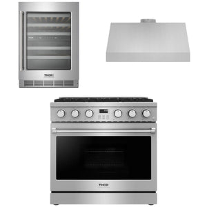 THOR Contemporary Package - 36" Gas Range, Range Hood and Wine Cooler, AP-ARG36-A23