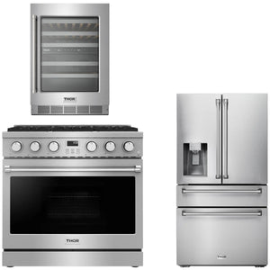 THOR Contemporary Package - 36" Gas Range, Refrigerator and Wine Cooler, AP-ARG36-A39