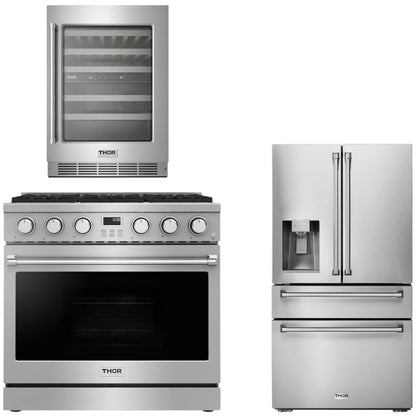 THOR Contemporary Package - 36" Gas Range, Refrigerator and Wine Cooler, AP-ARG36-A39