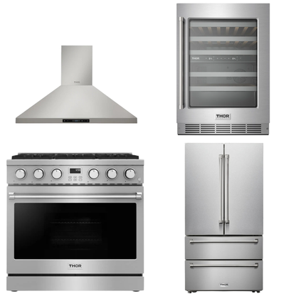 THOR Contemporary Package - 36" Gas Range, Range Hood, Refrigerator and Wine Cooler, AP-ARG36-A68