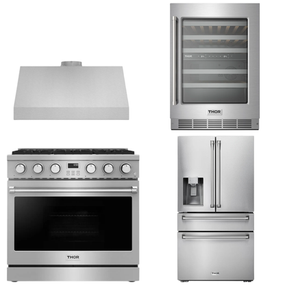 THOR Contemporary Package - 36" Gas Range, Range Hood, Refrigerator and Wine Cooler, AP-ARG36-A71