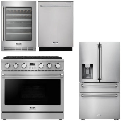 THOR Contemporary Package - 36" Gas Range, Refrigerator, Dishwasher and Wine Cooler, AP-ARG36-A82