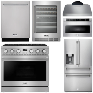 THOR Kitchen Package - 36" Gas Range, Range Hood, Microwave, Refrigerator with Water and Ice Dispenser, Dishwasher, Wine Cooler, AP-ARG36-C-10