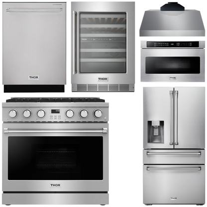 THOR Kitchen Package - 36" Gas Range, Range Hood, Microwave, Refrigerator with Water and Ice Dispenser, Dishwasher, Wine Cooler, AP-ARG36-C-10