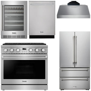 THOR Kitchen Package - 36" Gas Range, Range Hood, Refrigerator, Dishwasher, Wine Cooler, AP-ARG36-C-3