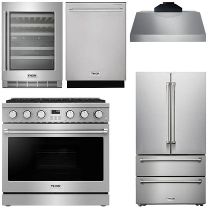 THOR Kitchen Package - 36" Gas Range, Range Hood, Refrigerator, Dishwasher, Wine Cooler, AP-ARG36-C-3