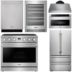 THOR Kitchen Package - 36" Gas Range, Range Hood, Microwave, Refrigerator, Dishwasher, Wine Cooler, AP-ARG36-C-6