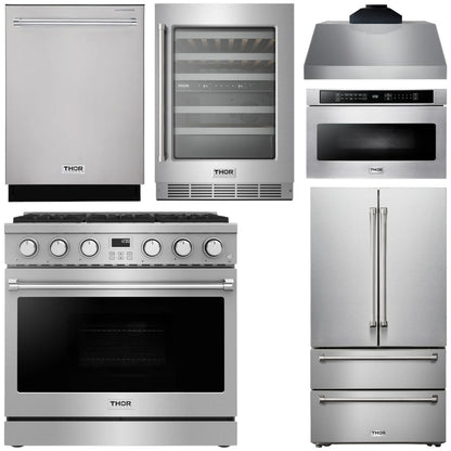 THOR Kitchen Package - 36" Gas Range, Range Hood, Microwave, Refrigerator, Dishwasher, Wine Cooler, AP-ARG36-C-6