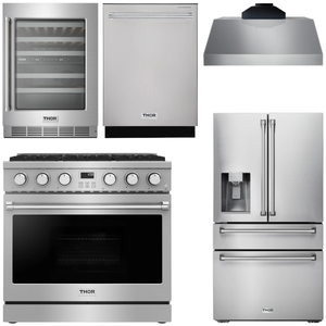 THOR Kitchen Package - 36" Gas Range, Range Hood, Refrigerator with Water and Ice Dispenser, Dishwasher, Wine Cooler, AP-ARG36-C-8