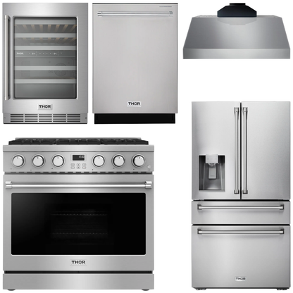 THOR Kitchen Package - 36" Gas Range, Range Hood, Refrigerator with Water and Ice Dispenser, Dishwasher, Wine Cooler, AP-ARG36-C-8