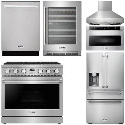 THOR Kitchen Package - 36" Gas Range, Range Hood, Microwave, Refrigerator with Water and Ice Dispenser, Dishwasher, Wine Cooler, AP-ARG36-W-10