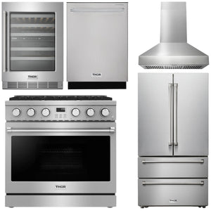 THOR Kitchen Package - 36" Gas Range, Range Hood, Refrigerator, Dishwasher, Wine Cooler, AP-ARG36-W-3