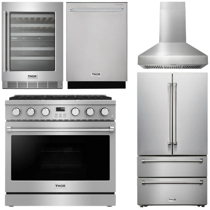 THOR Kitchen Package - 36" Gas Range, Range Hood, Refrigerator, Dishwasher, Wine Cooler, AP-ARG36-W-3