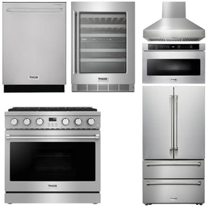 THOR Kitchen Package - 36" Gas Range, Range Hood, Microwave, Refrigerator, Dishwasher, Wine Cooler, AP-ARG36-W-6