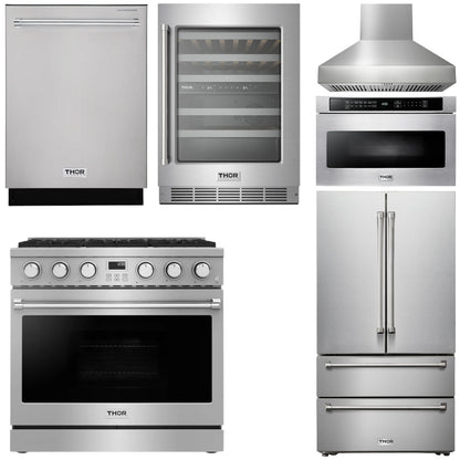 THOR Kitchen Package - 36" Gas Range, Range Hood, Microwave, Refrigerator, Dishwasher, Wine Cooler, AP-ARG36-W-6