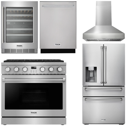 THOR Kitchen Package - 36" Gas Range, Range Hood, Refrigerator with Water and Ice Dispenser, Dishwasher, Wine Cooler, AP-ARG36-W-8
