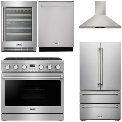 THOR Contemporary Package - 36" Gas Range, Range Hood, Refrigerator, Dishwasher and Wine Cooler, AP-ARG36LP-B100