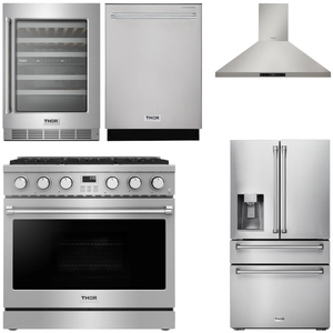 THOR Contemporary Package - 36" Gas Range, Range Hood, Refrigerator, Dishwasher and Wine Cooler, AP-ARG36LP-B102