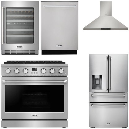 THOR Contemporary Package - 36" Gas Range, Range Hood, Refrigerator, Dishwasher and Wine Cooler, AP-ARG36LP-B102