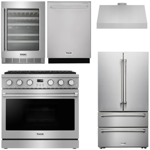 THOR Contemporary Package - 36" Gas Range, Range Hood, Refrigerator, Dishwasher and Wine Cooler, AP-ARG36LP-B104