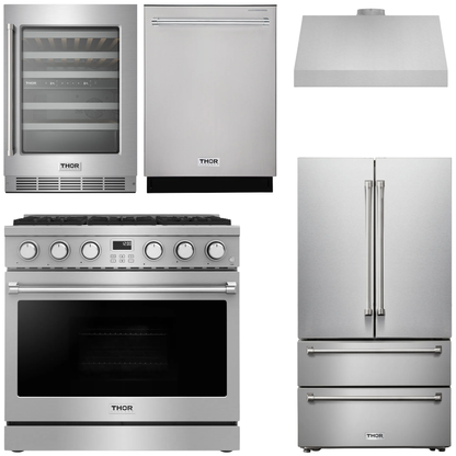 THOR Contemporary Package - 36" Gas Range, Range Hood, Refrigerator, Dishwasher and Wine Cooler, AP-ARG36LP-B104