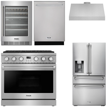 THOR Contemporary Package - 36" Gas Range, Range Hood, Refrigerator, Dishwasher and Wine Cooler, AP-ARG36LP-B106